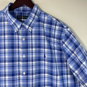 Polo Ralph Lauren Mens XXL Blue White Plaid Button Down Short Sleeve Shirt Pony